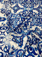 Blue and White Majolica Tile Print Fabric by Metre - Whotex Fabrics London