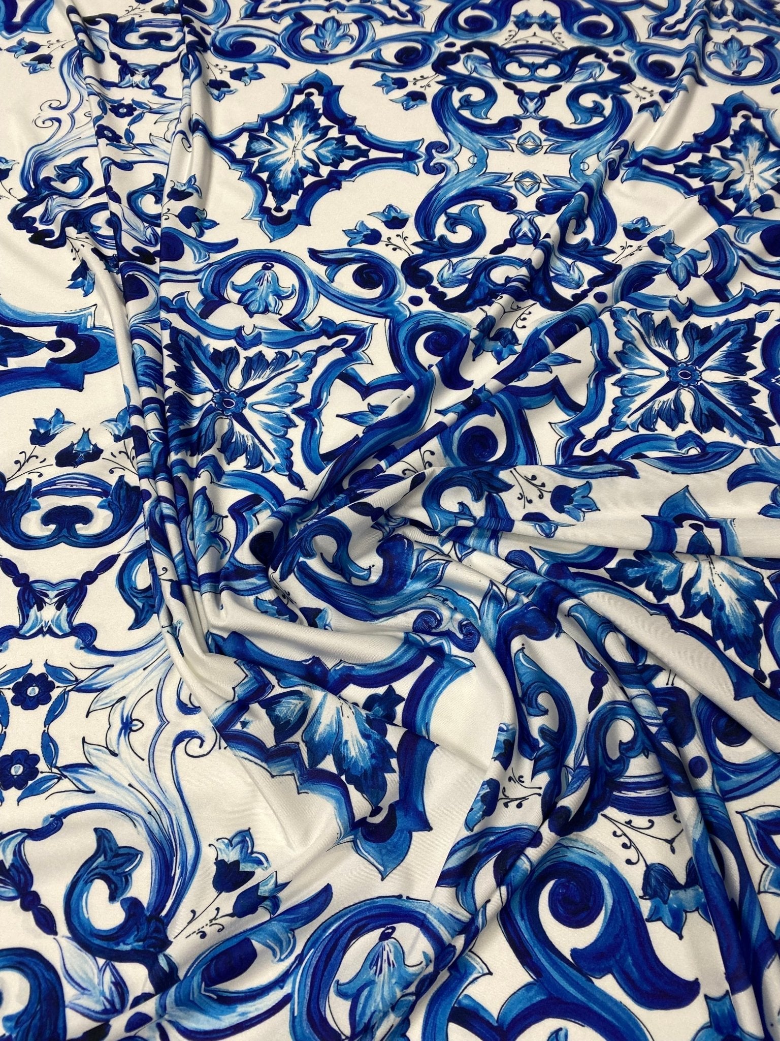 Blue and White Majolica Tile Print Fabric by Metre - Whotex Fabrics London