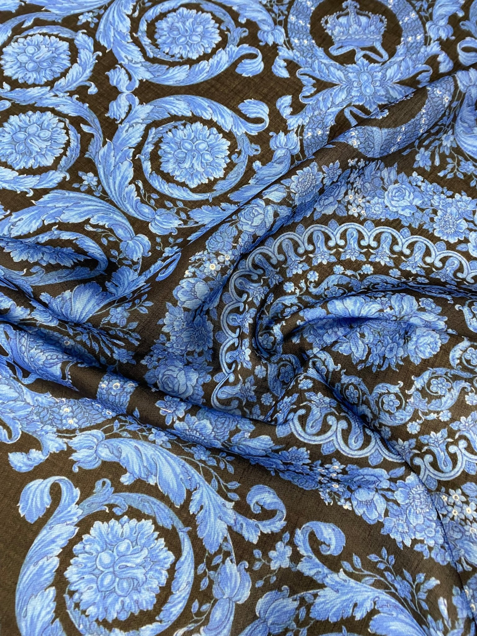 Blue Baroque Floral Linen Fabric by the Metre - Whotex Fabrics London