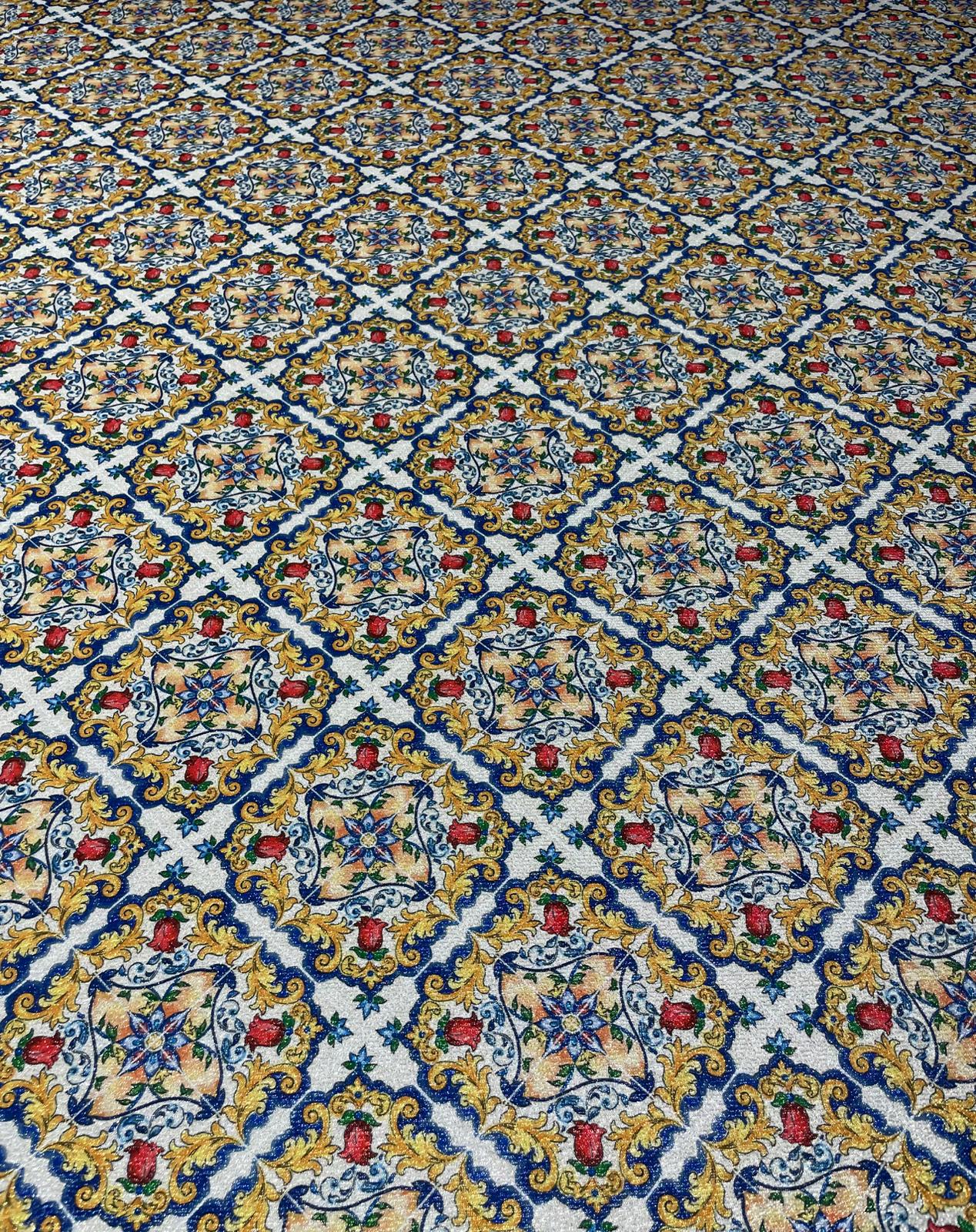 Blue Baroque Floral Lurex Fabric by the Metre - Whotex Fabrics London