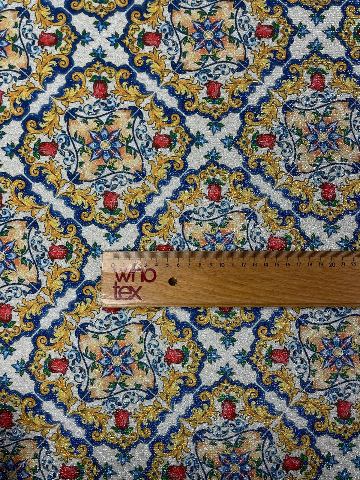 Blue Baroque Floral Lurex Fabric by the Metre - Whotex Fabrics London