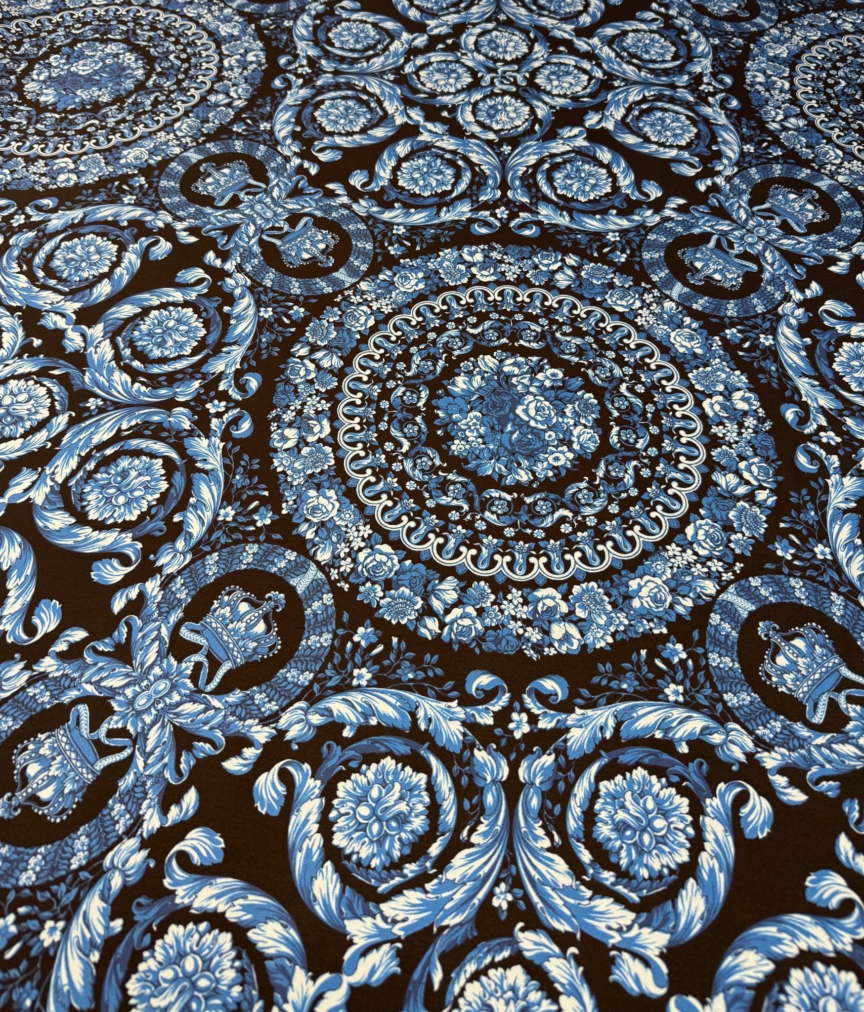 Blue Baroque Medallion Moss Crepe Fabric by the Metre - Whotex Fabrics London