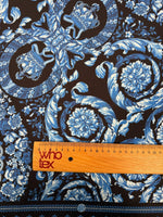 Blue Baroque Medallion Moss Crepe Fabric by the Metre - Whotex Fabrics London