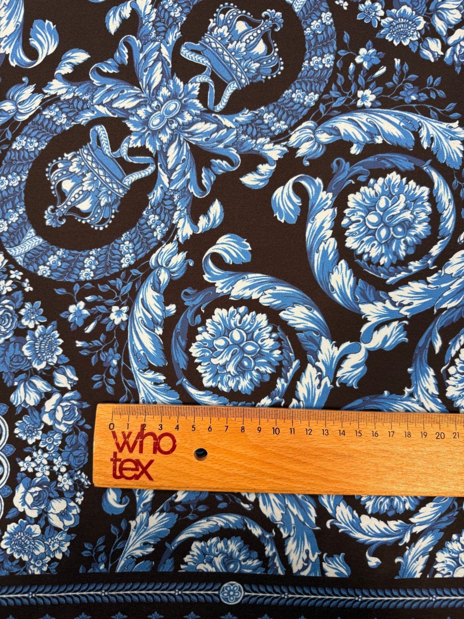 Blue Baroque Medallion Moss Crepe Fabric by the Metre - Whotex Fabrics London