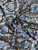 Blue Baroque Medallion Moss Crepe Fabric by the Metre - Whotex Fabrics London