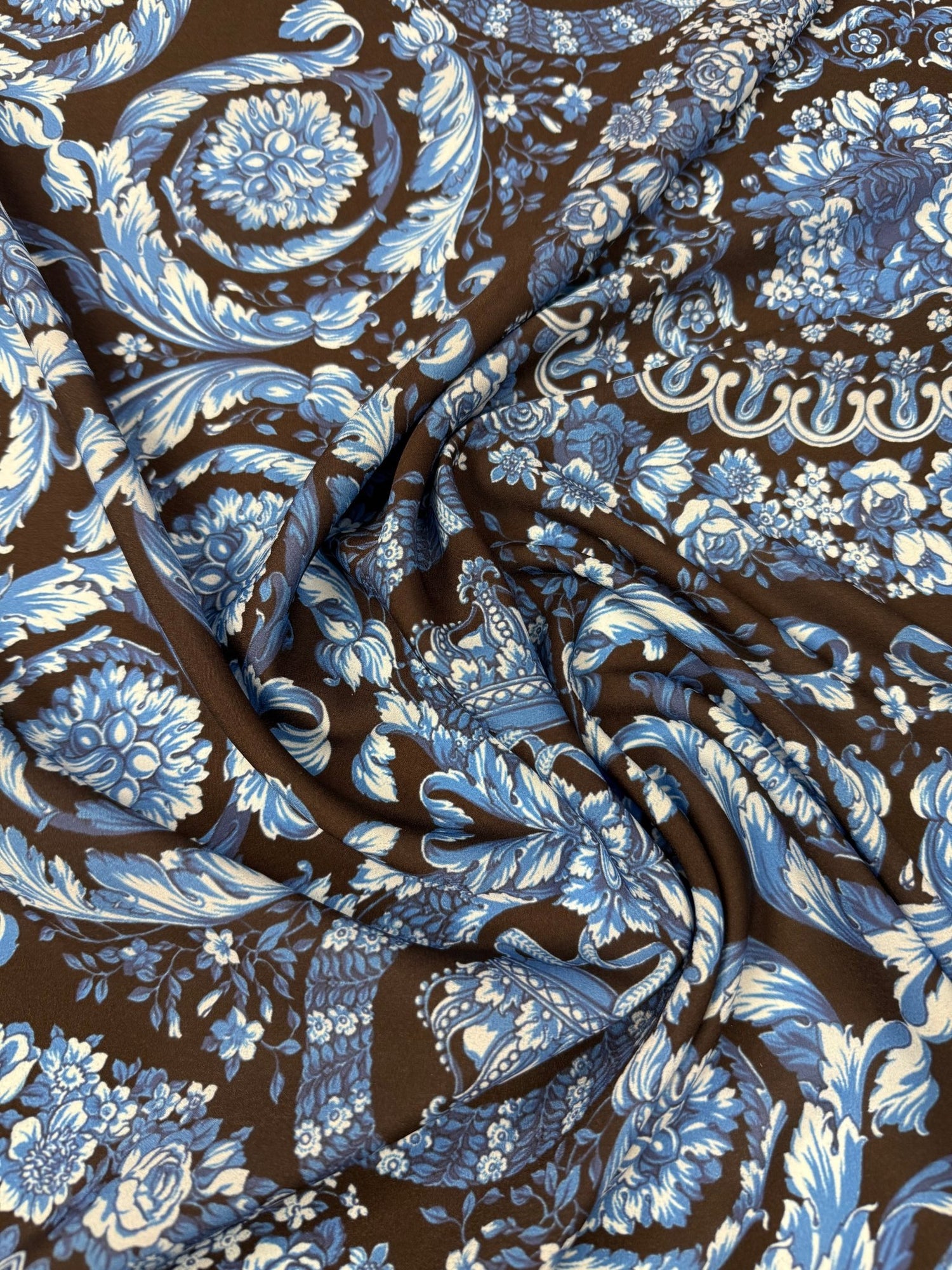 Blue Baroque Medallion Moss Crepe Fabric by the Metre - Whotex Fabrics London