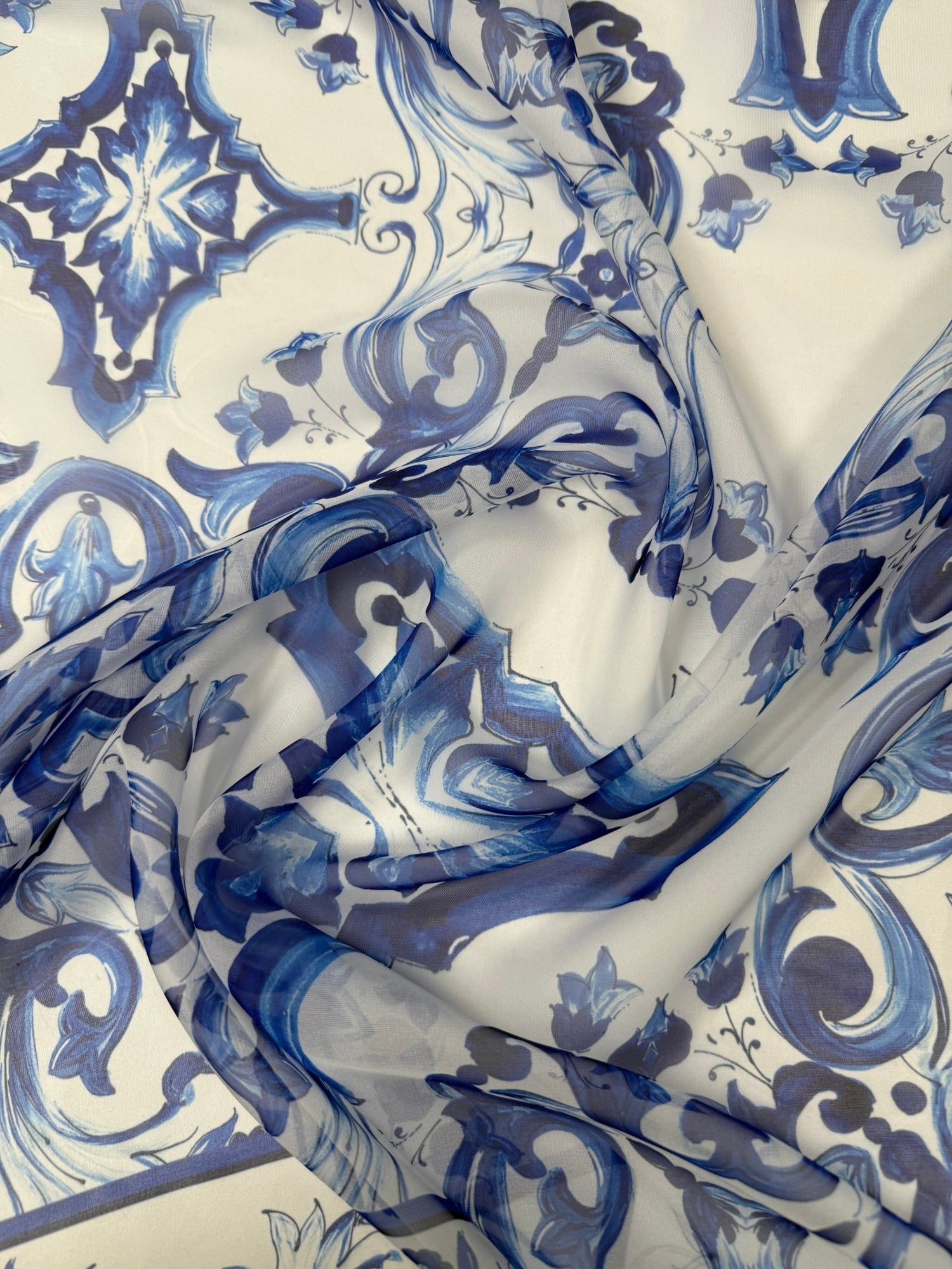 Blue Baroque Poly Silk Chiffon Fabric by the Metre - Whotex Fabrics London