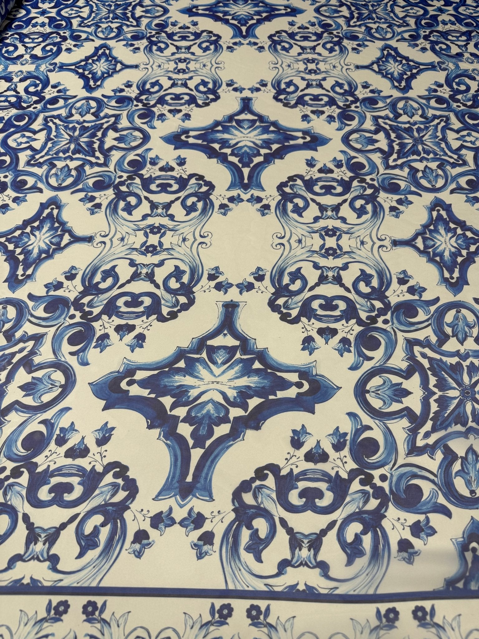 Blue Baroque Poly Silk Chiffon Fabric by the Metre - Whotex Fabrics London