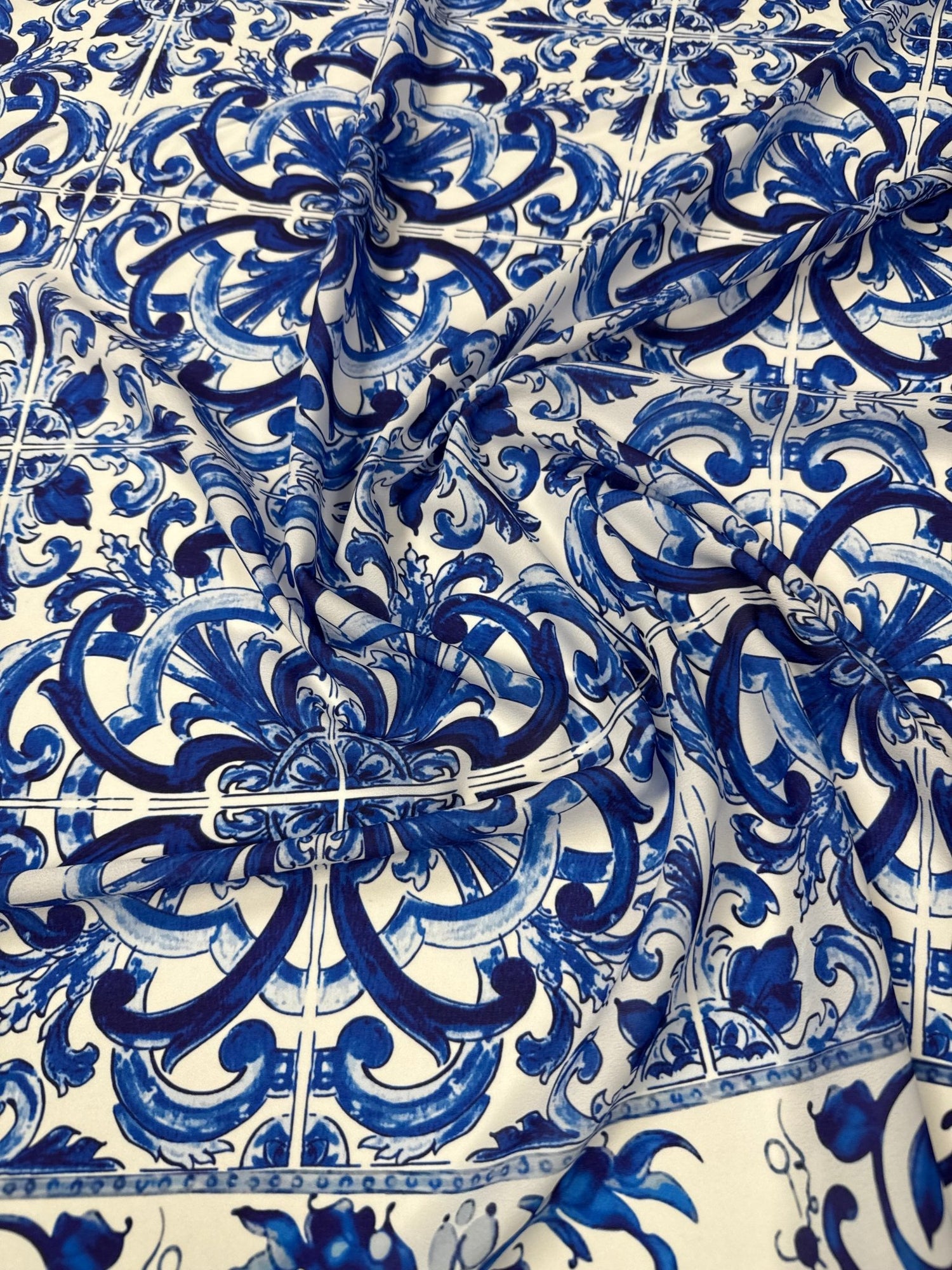 Blue Baroque Tile Moss Crepe Fabric by the Metre - Whotex Fabrics London