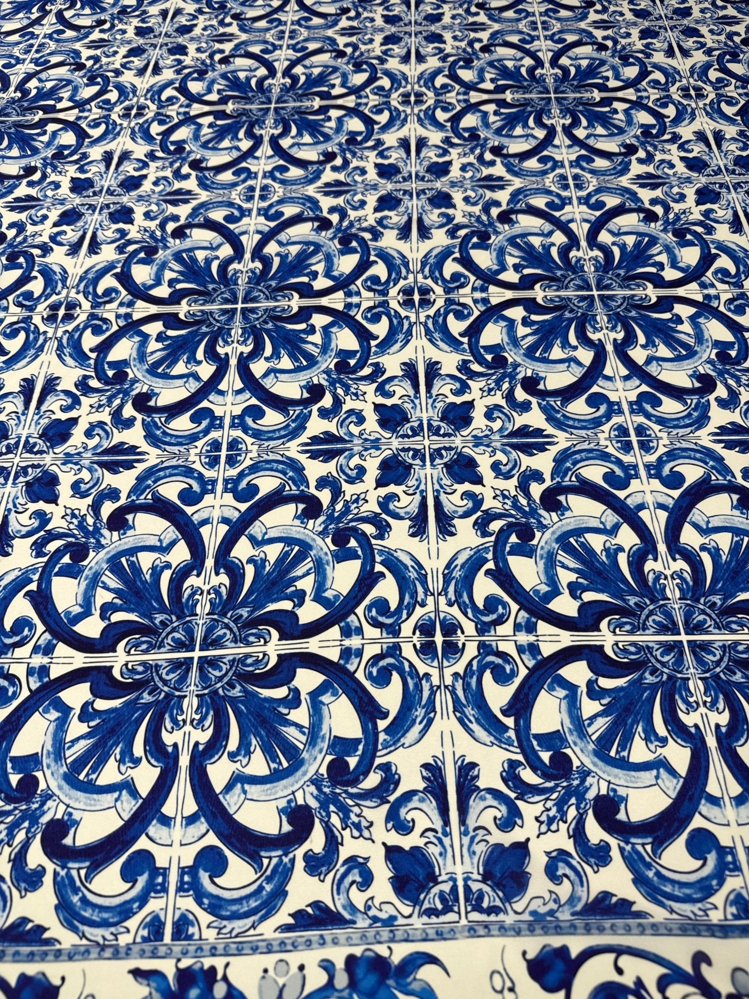 Blue Baroque Tile Moss Crepe Fabric by the Metre - Whotex Fabrics London