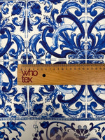 Blue Baroque Tile Moss Crepe Fabric by the Metre - Whotex Fabrics London