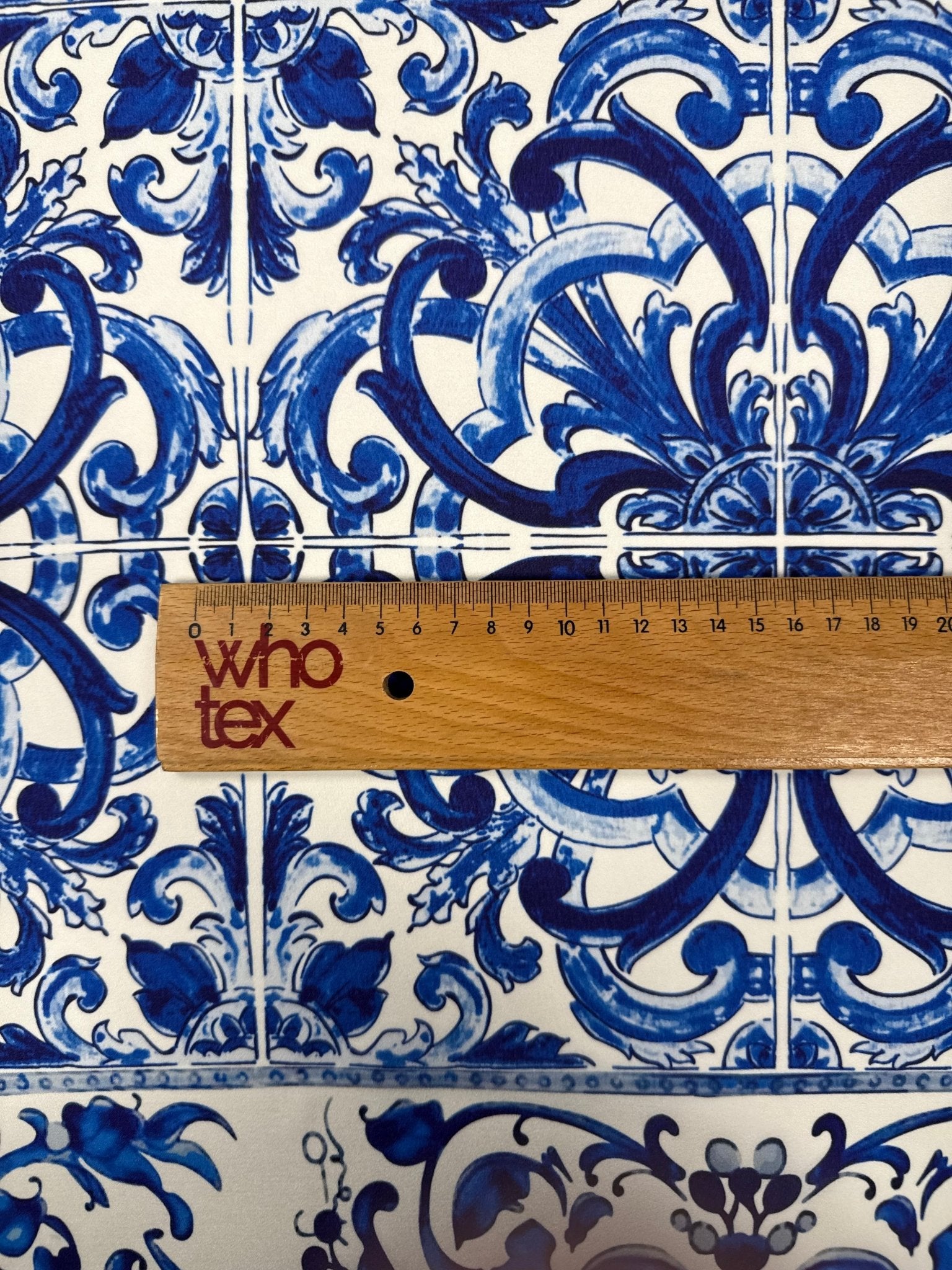 Blue Baroque Tile Moss Crepe Fabric by the Metre - Whotex Fabrics London