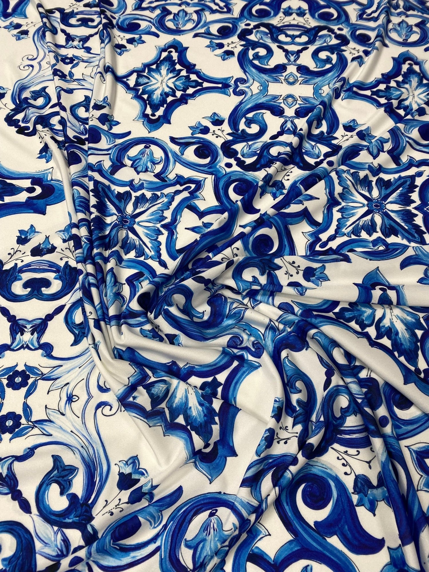 Blue Baroque Tile Print Lycra Stretch Fabric by the Metre - Whotex Fabrics London