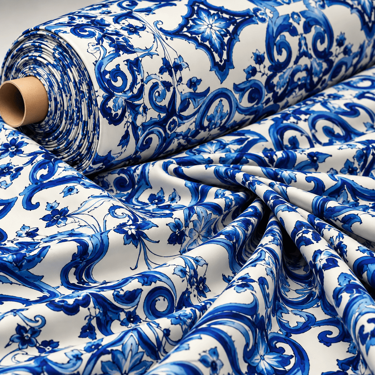 Blue Baroque Tile Print Lycra Stretch Fabric by the Metre - Whotex Fabrics London