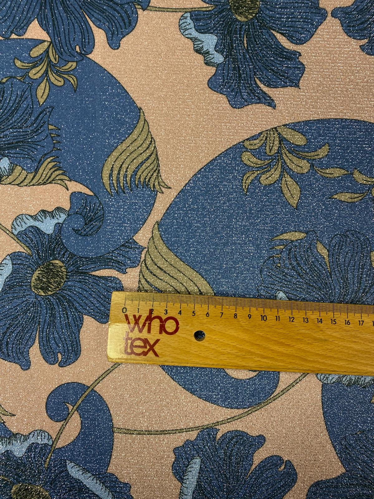 Blue Blossom Shimmer Print Lurex Fabric by the Metre - Whotex Fabrics London