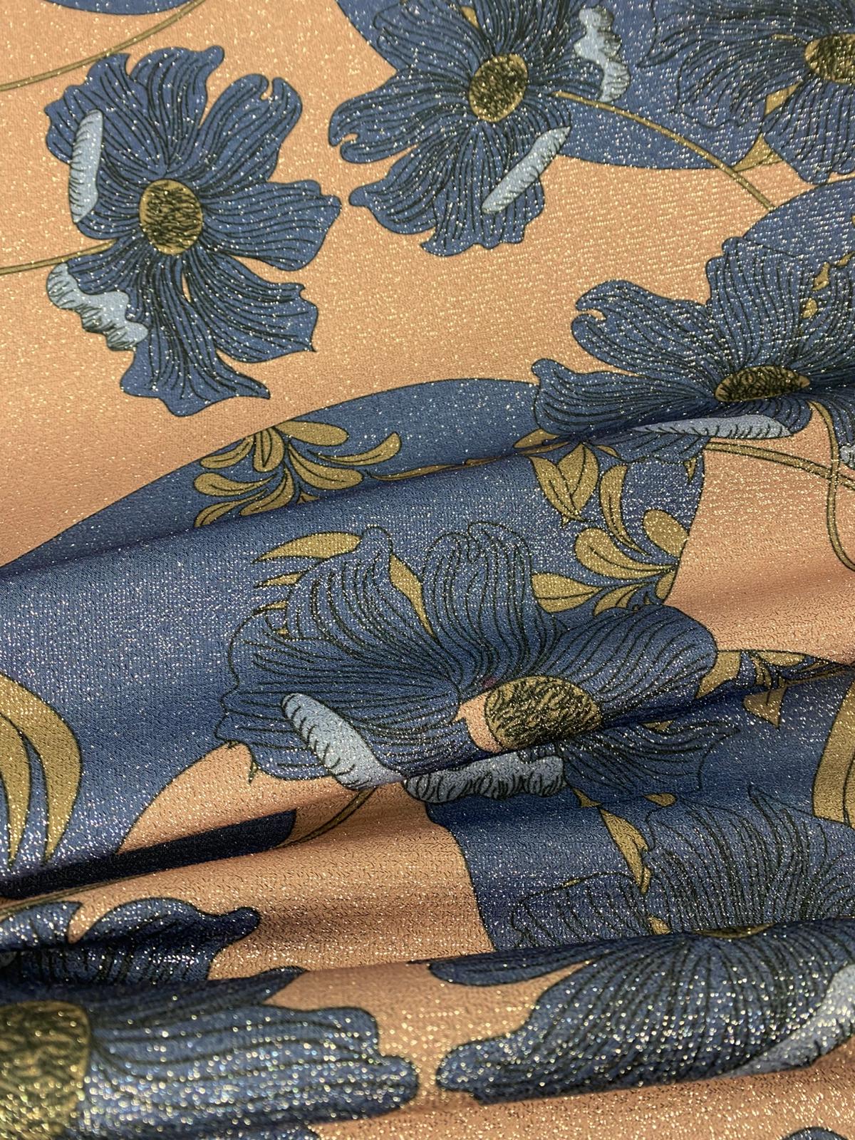 Blue Blossom Shimmer Print Lurex Fabric by the Metre - Whotex Fabrics London