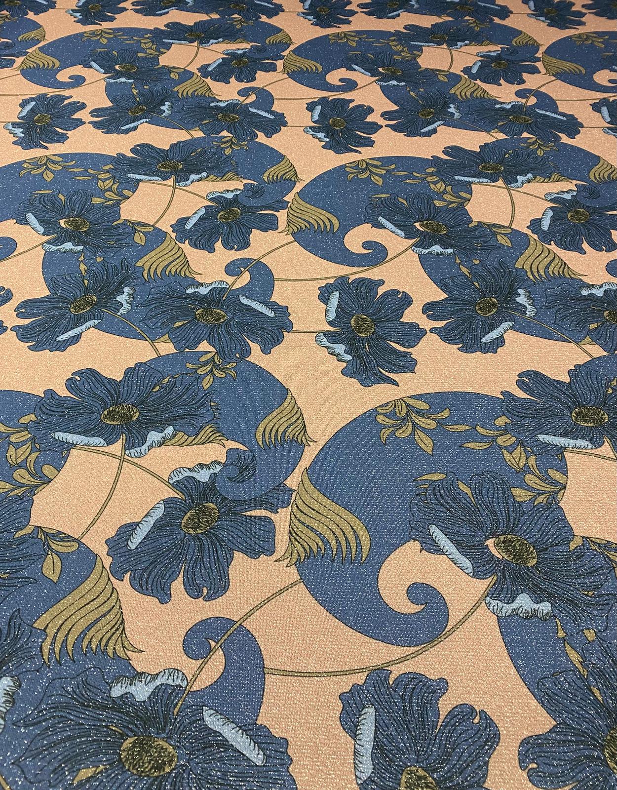 Blue Blossom Shimmer Print Lurex Fabric by the Metre - Whotex Fabrics London