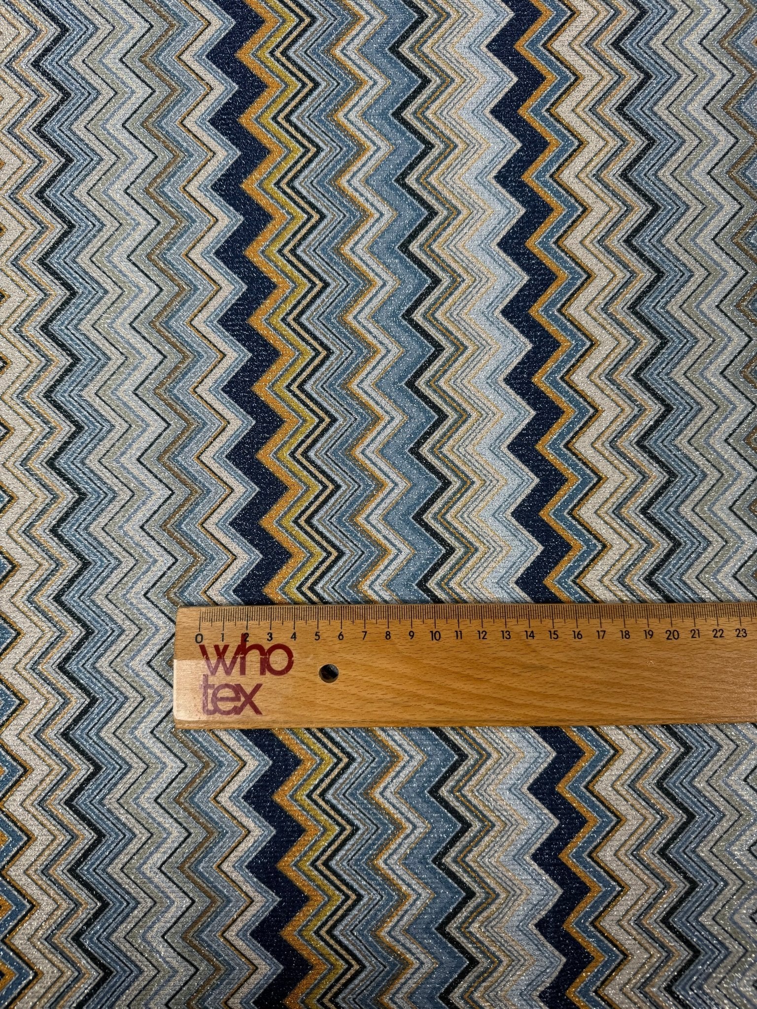 Blue & Bronze Zigzag Lurex Fabric with Metallic Shine - Whotex Fabrics London