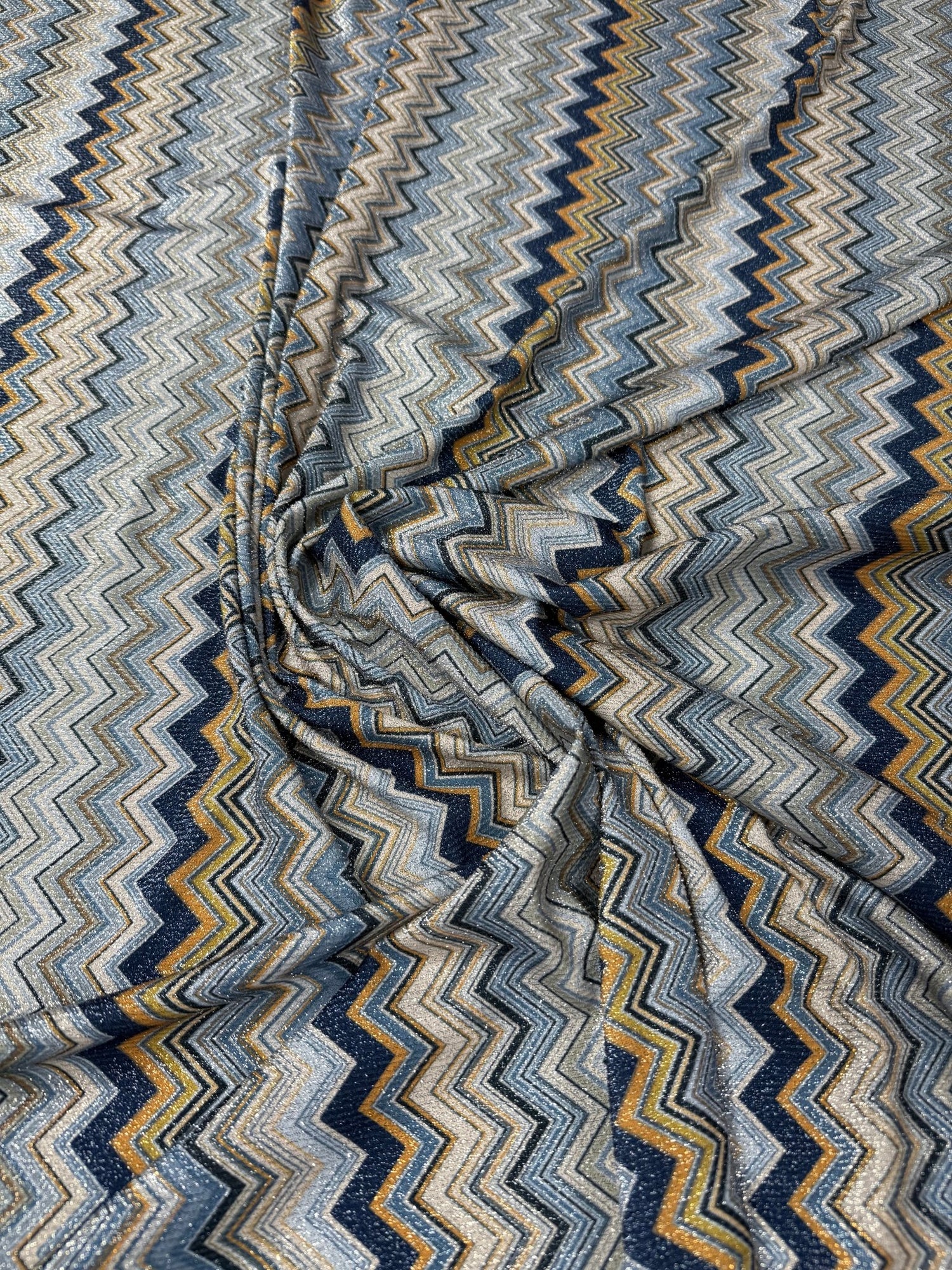 Blue & Bronze Zigzag Lurex Fabric with Metallic Shine - Whotex Fabrics London