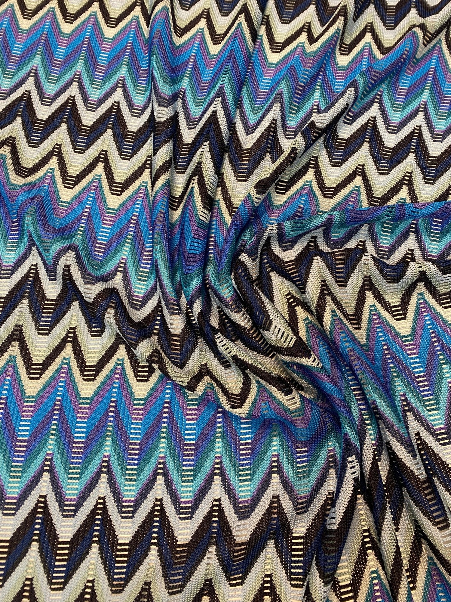 Blue Chevron Mesh Fabric by the Metre - Whotex Fabrics London