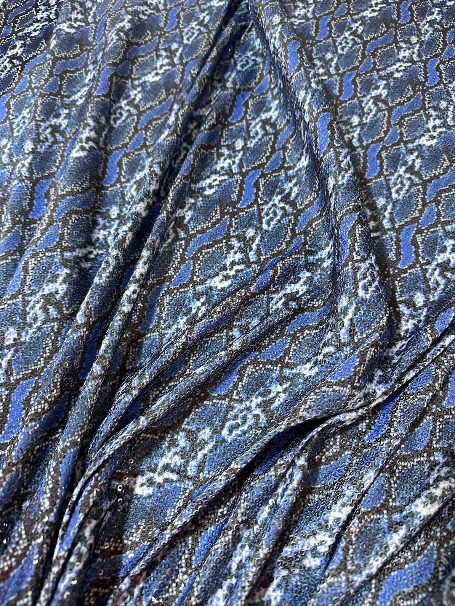 Blue Exotic Animal Sequin Fabric, 2 - Way Stretch Sequin Fabric By The Yard - Whotex Online Fabric Store