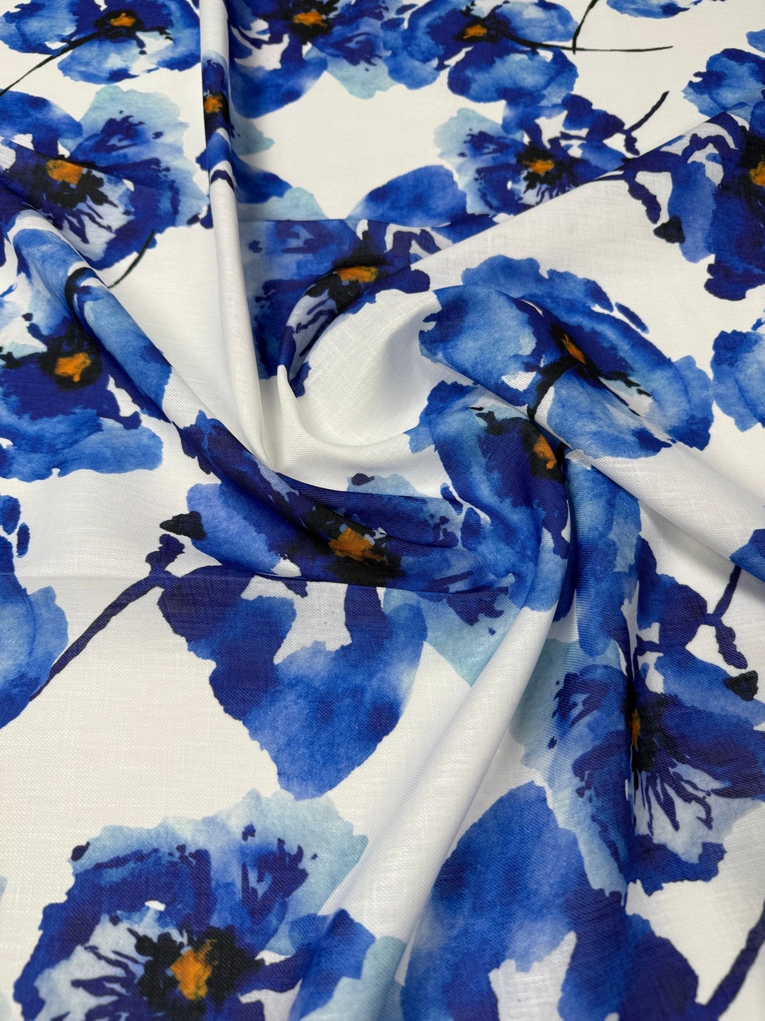 Blue Floral Linen Fabric by the Metre - Whotex Fabrics London