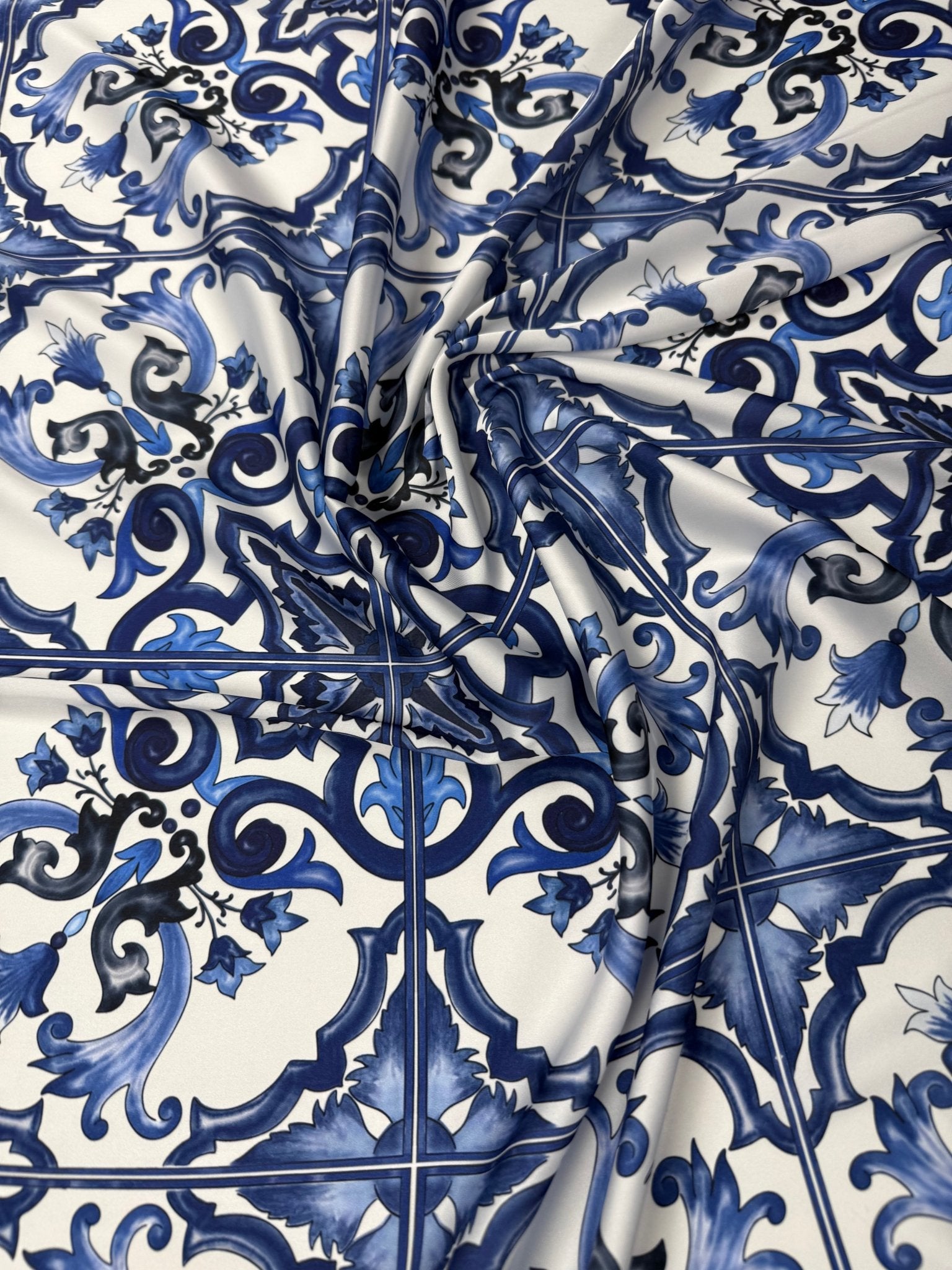 Blue Floral Satin Fabric by the Metre - Whotex Fabrics London