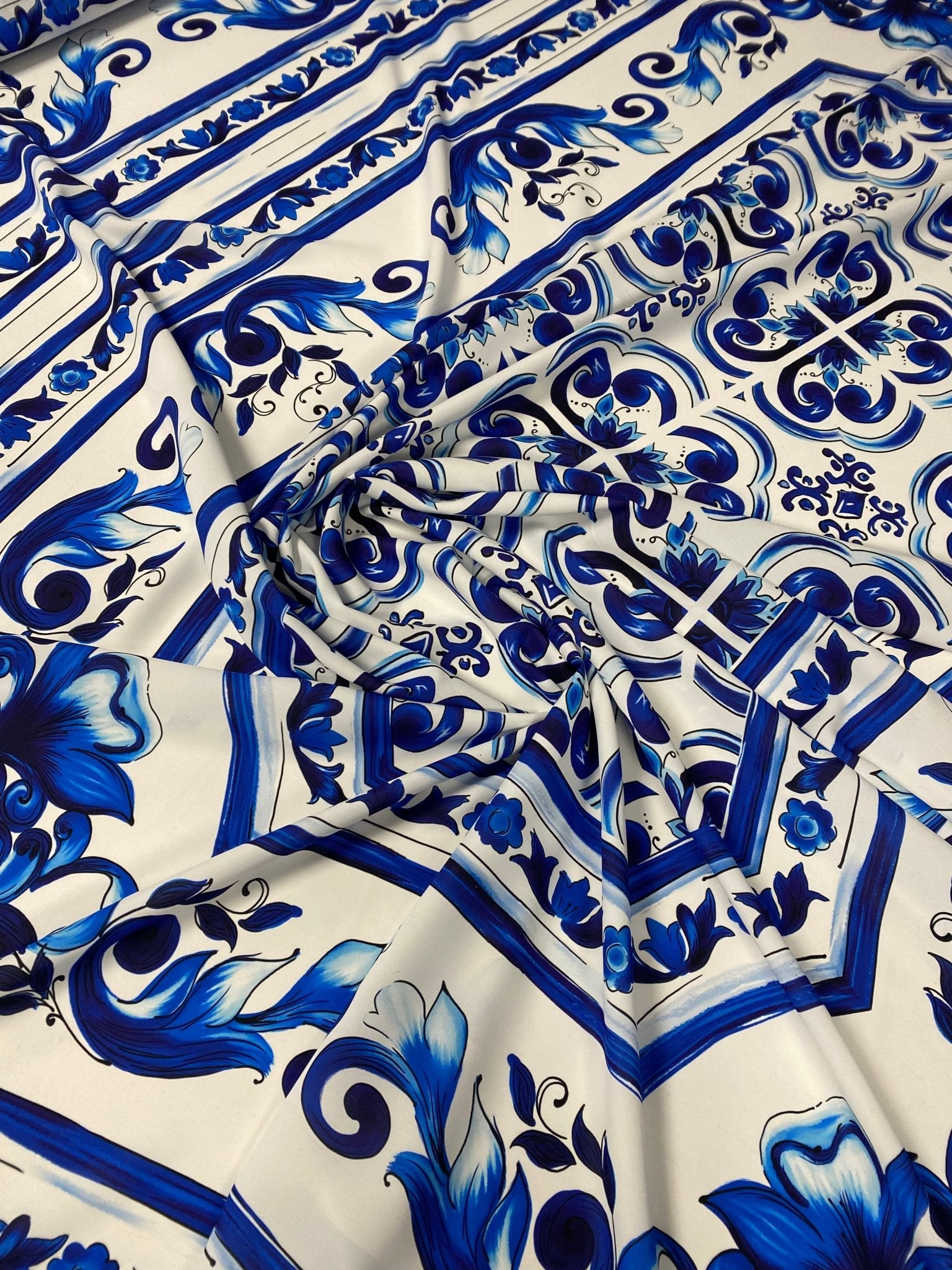 Blue Floral Tile Crepe Fabric by the Metre – White & Navy Classic - Whotex Online Fabric Store