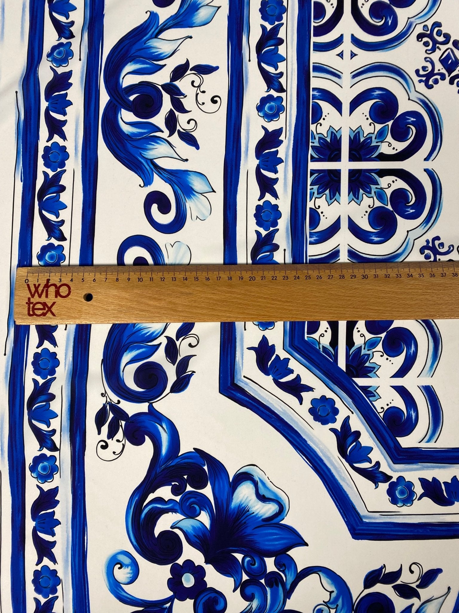 Blue Floral Tile Crepe Fabric by the Metre – White & Navy Classic - Whotex Online Fabric Store