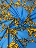 Blue & Gold Baroque Spandex Fabric by the Metre - Whotex Fabrics London