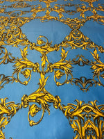 Blue & Gold Baroque Spandex Fabric by the Metre - Whotex Fabrics London