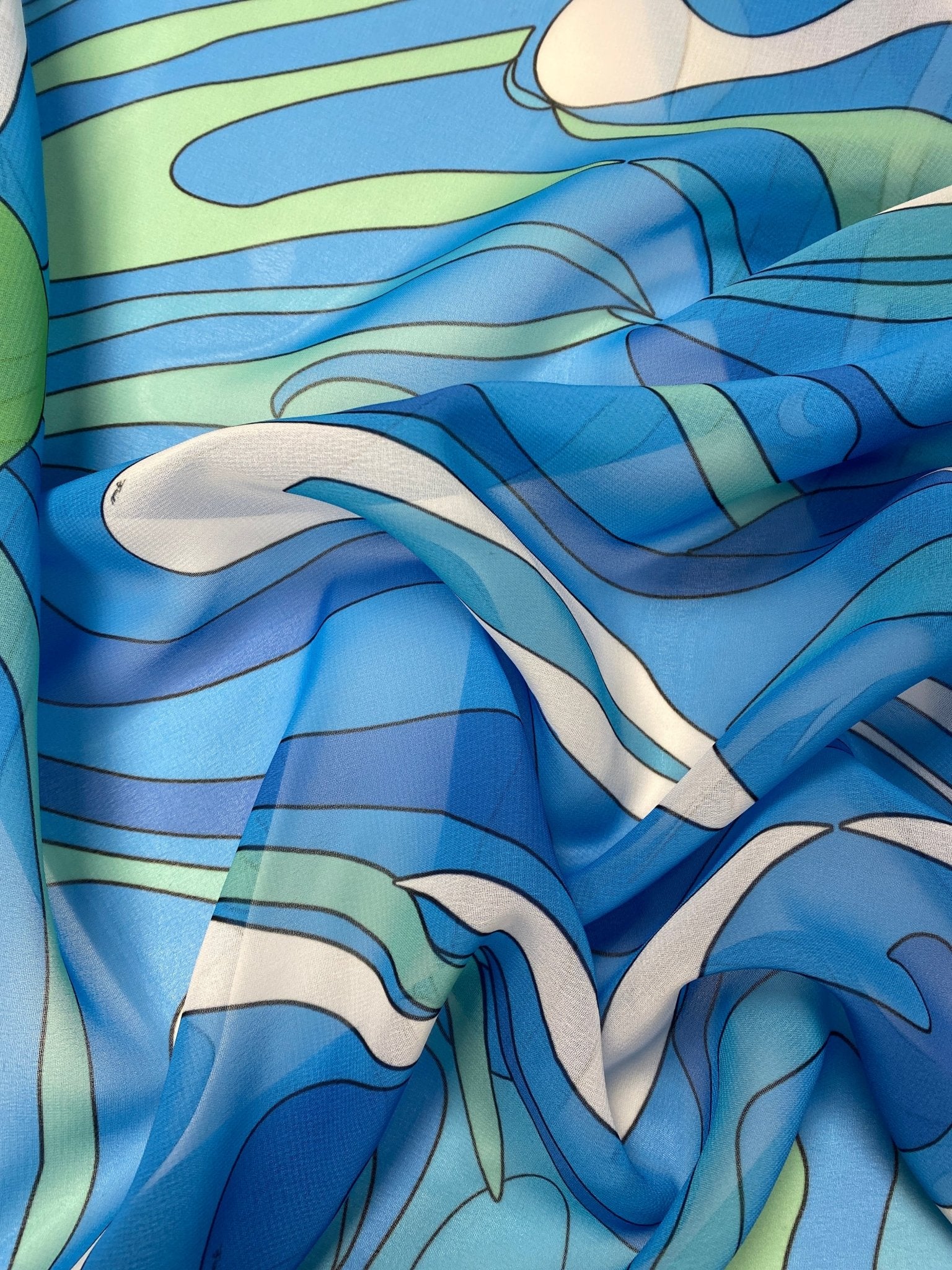 Blue Green Wave Fabric – Ocean Abstract Print by the Metre - Whotex Fabrics London