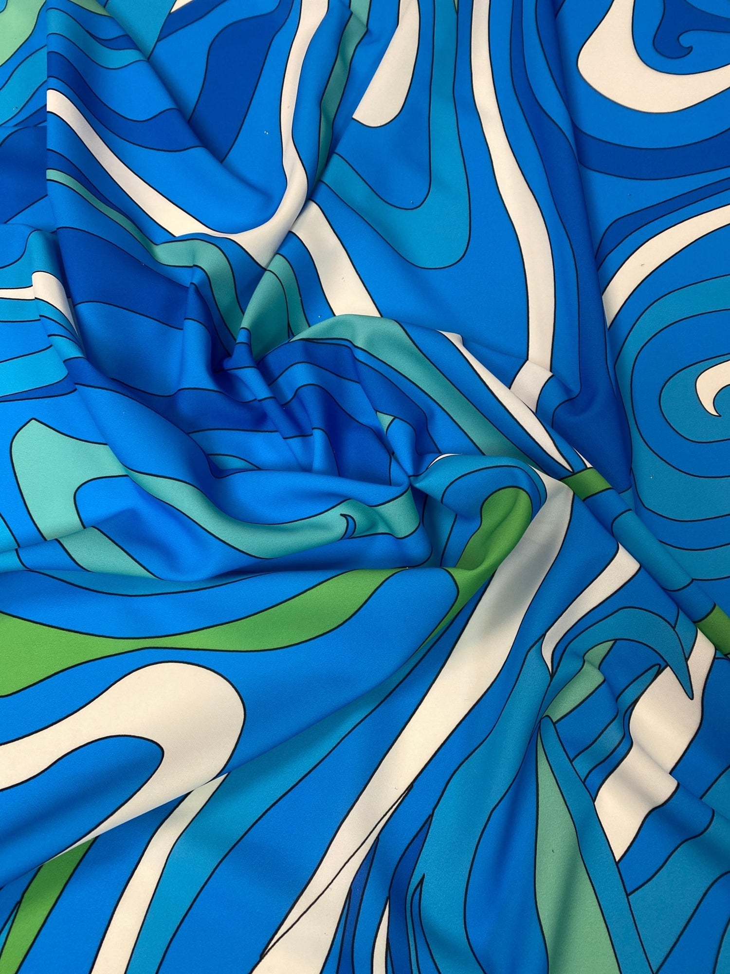 Blue Green Wave Fabric – Ocean Abstract Print by the Metre - Whotex Fabrics London