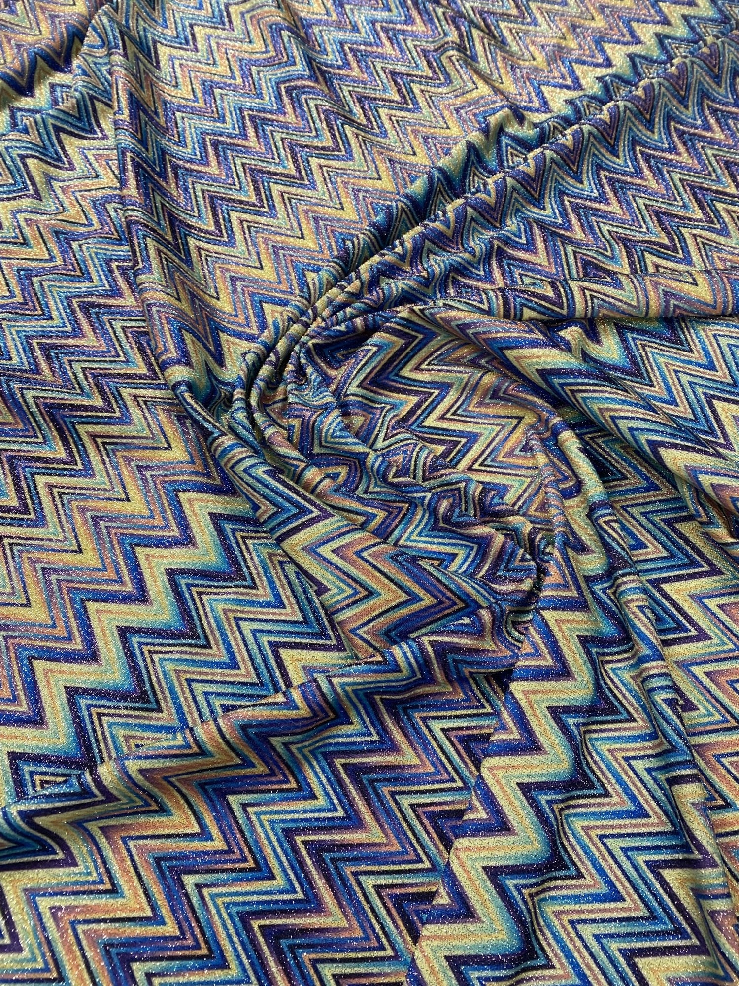 Blue Multicolour Zigzag Lurex Fabric by the Metre - Whotex Fabrics London