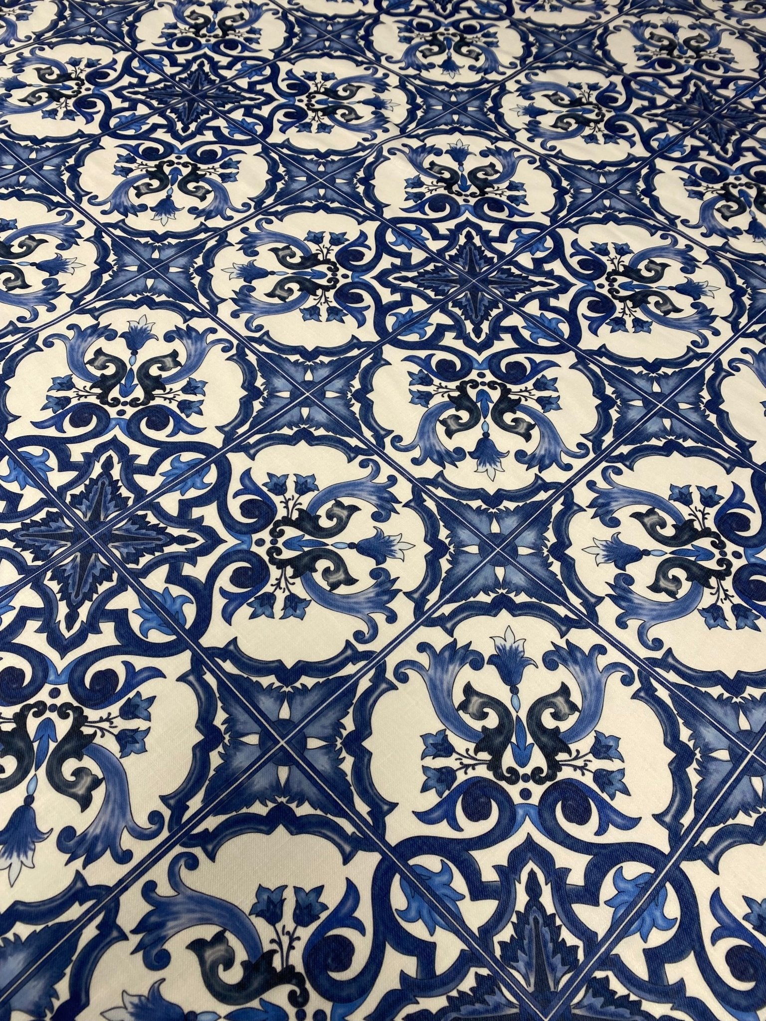 Blue Ornamental Linen Fabric by the Metre - Whotex Fabrics London
