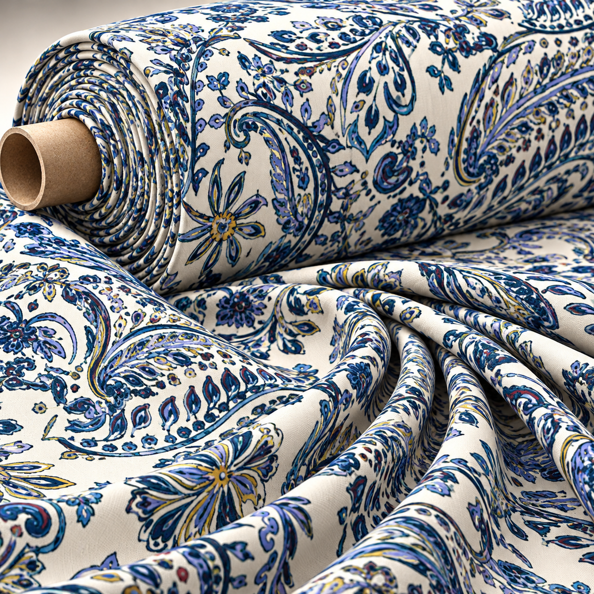 Blue Paisley Print Fabric - Whotex Fabrics London