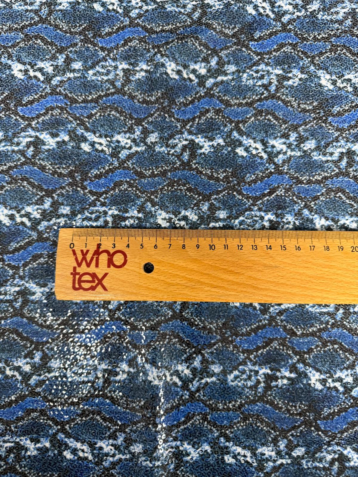 Blue Snake Print Sequin Fabric by the Metre - Whotex Fabrics London