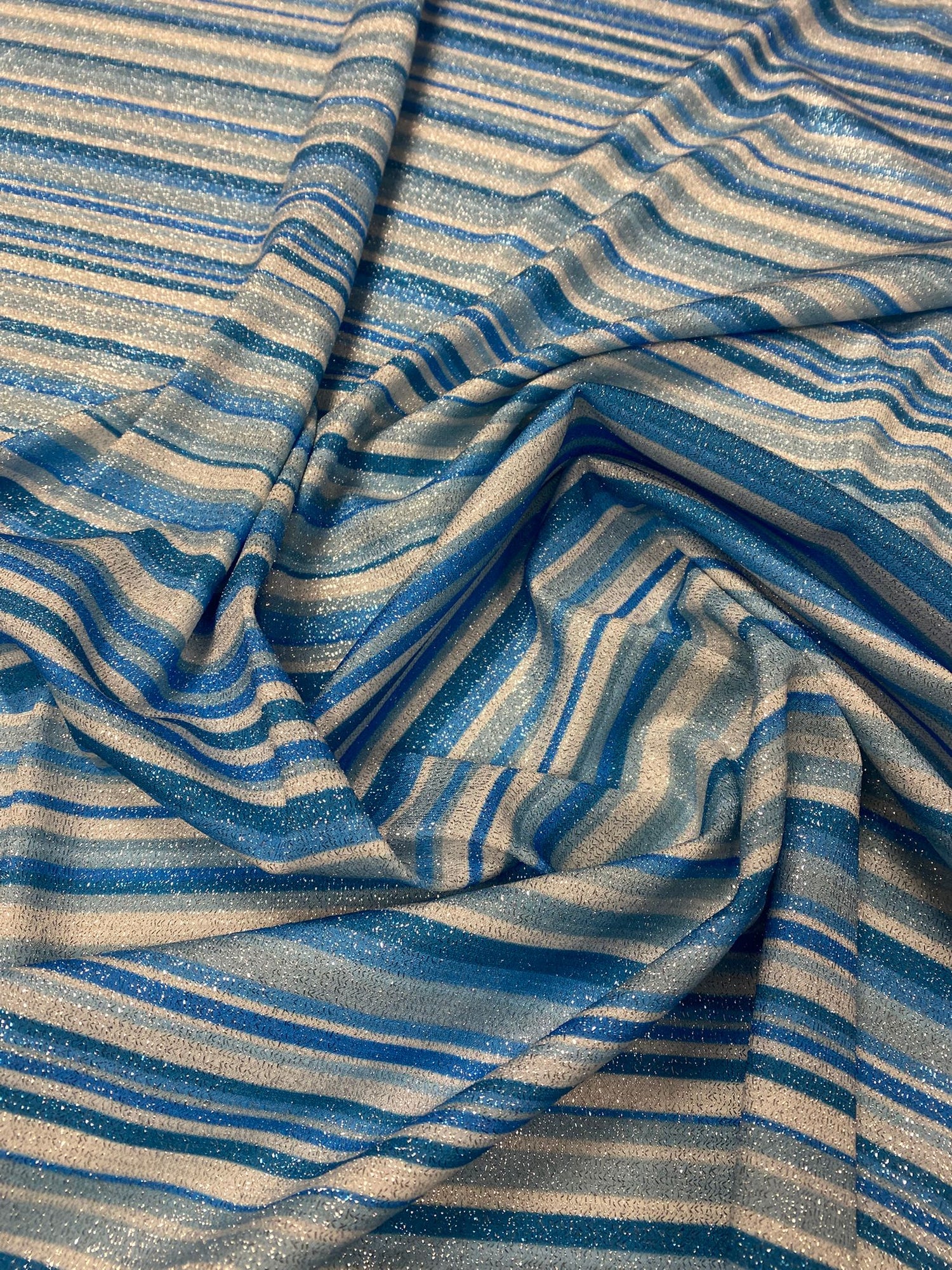 Blue Striped Lurex Fabric by the Metre - Whotex Fabrics London