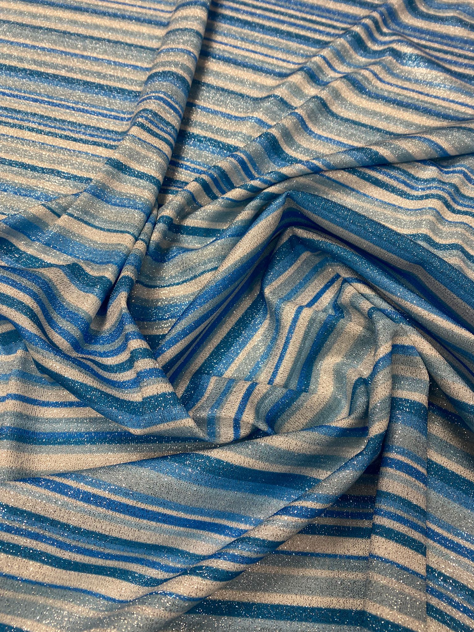 Blue Striped Lurex Fabric by the Metre - Whotex Fabrics London