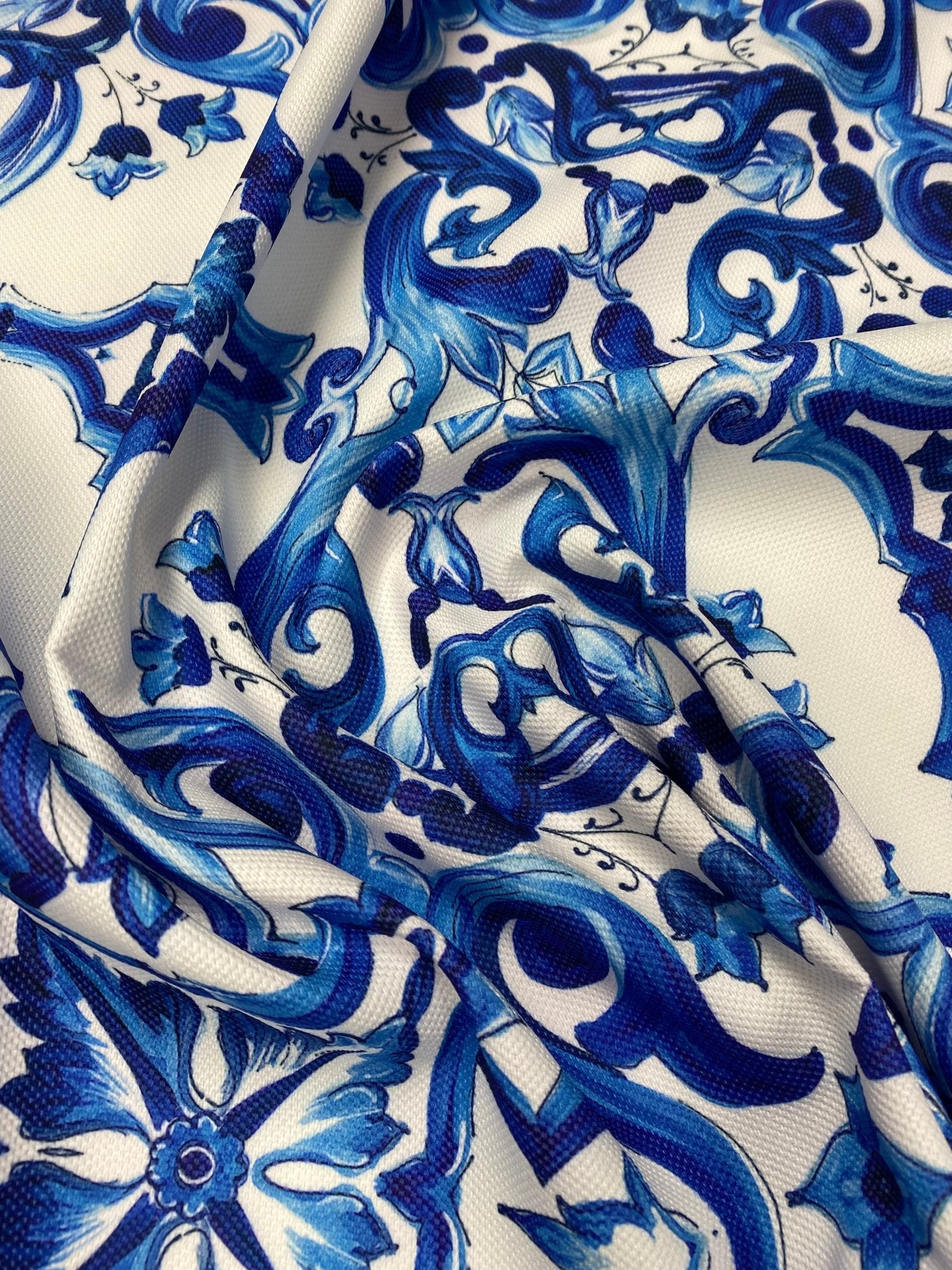 Blue Tile Pattern Upholstery Fabric - Whotex Fabrics London