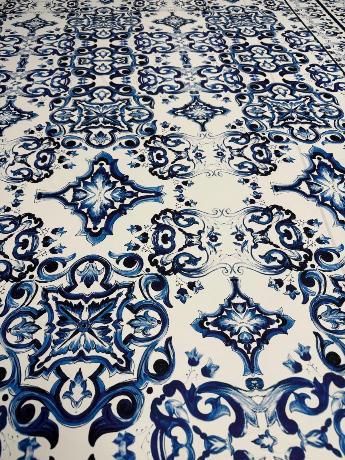 Blue Tile Print Crepe Fabric by the Metre - Whotex Fabrics London