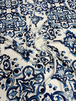 Blue Tile Print Crepe Fabric by the Metre - Whotex Fabrics London