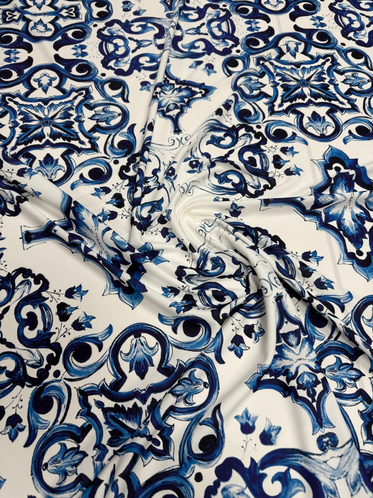 Blue Tile Print Crepe Fabric by the Metre - Whotex Fabrics London