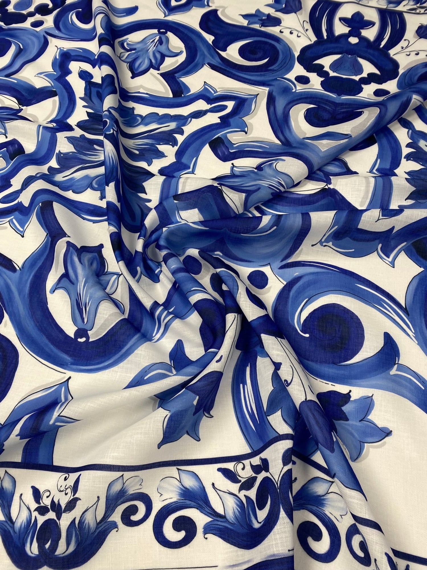 Blue Tile Print Linen Fabric by the Metre - Whotex Fabrics London