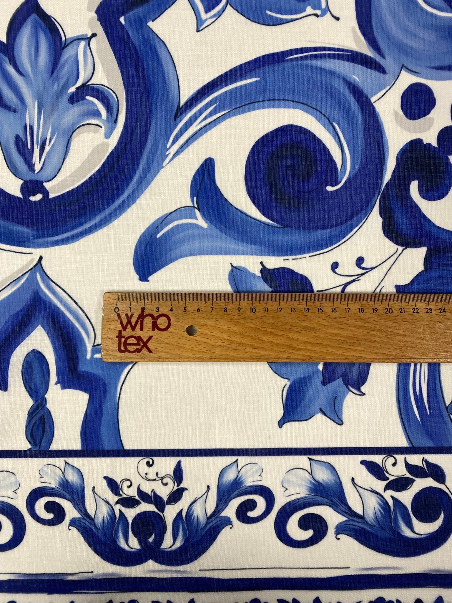 Blue Tile Print Linen Fabric by the Metre - Whotex Fabrics London