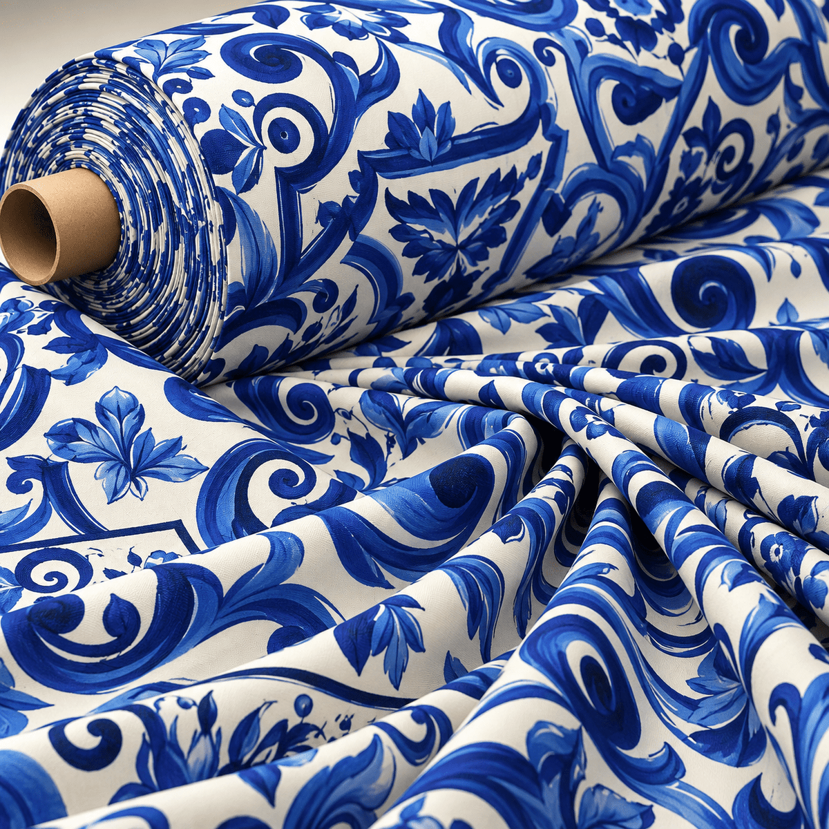 Blue Tile Print Poly Linen Fabric by the Metre - Whotex Fabrics London