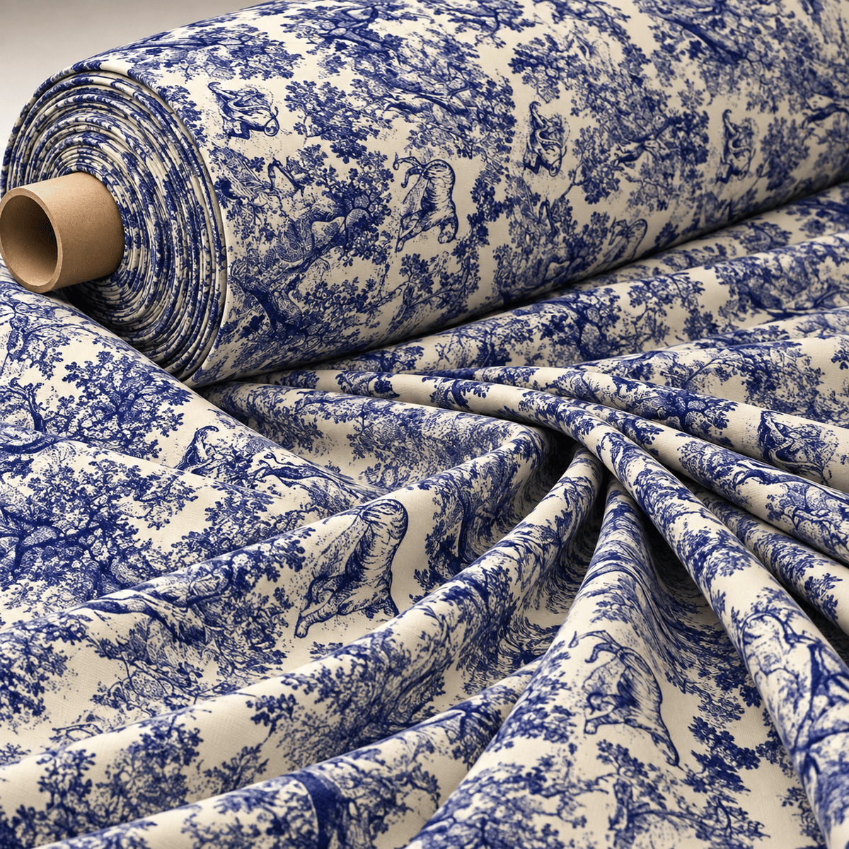 Blue Toile Print Crepe Fabric by the Metre - Whotex Fabrics London