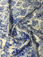 Blue Toile Print Satin Fabric by the Metre - Whotex Fabrics London