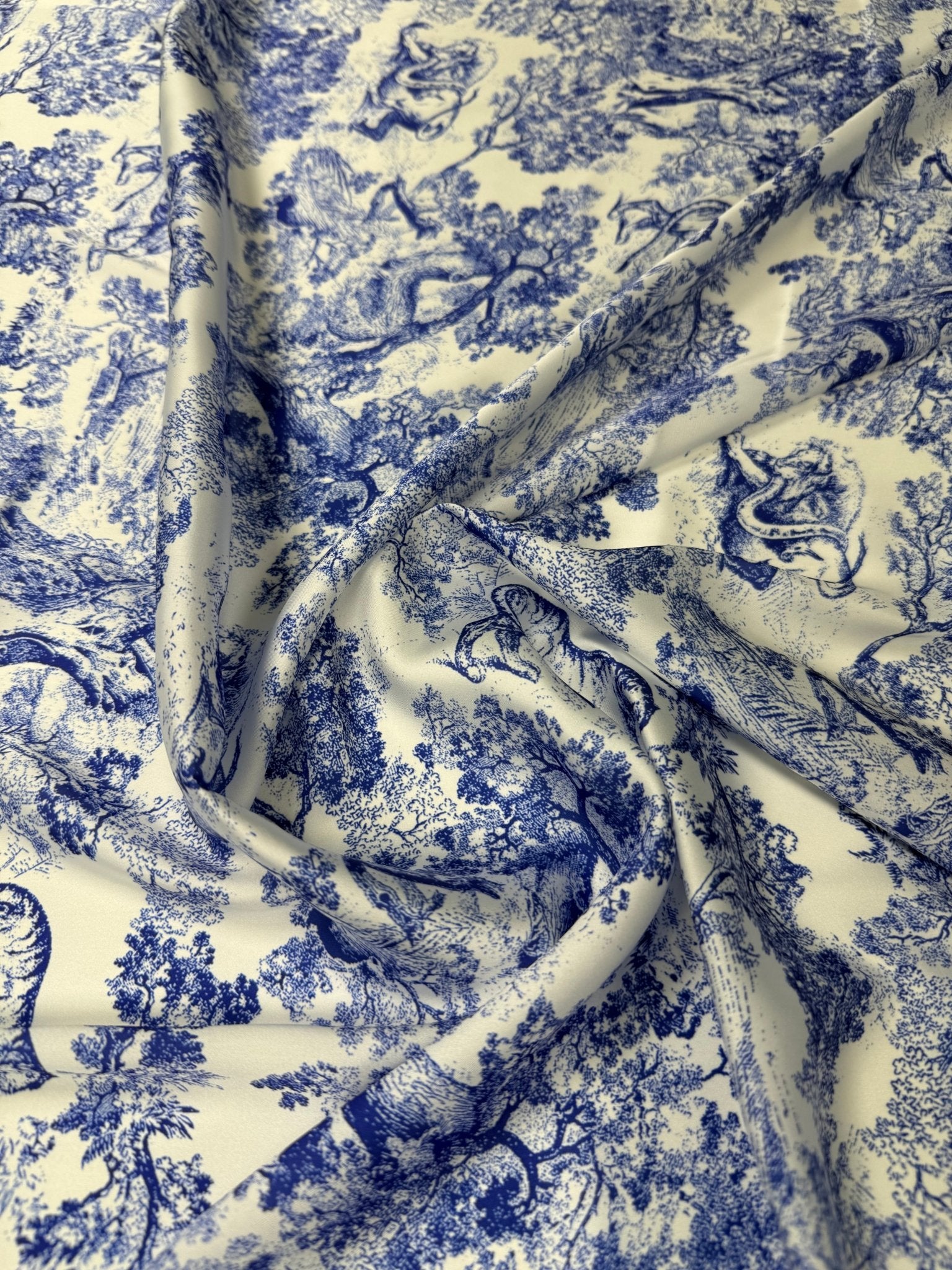 Blue Toile Print Satin Fabric by the Metre - Whotex Fabrics London