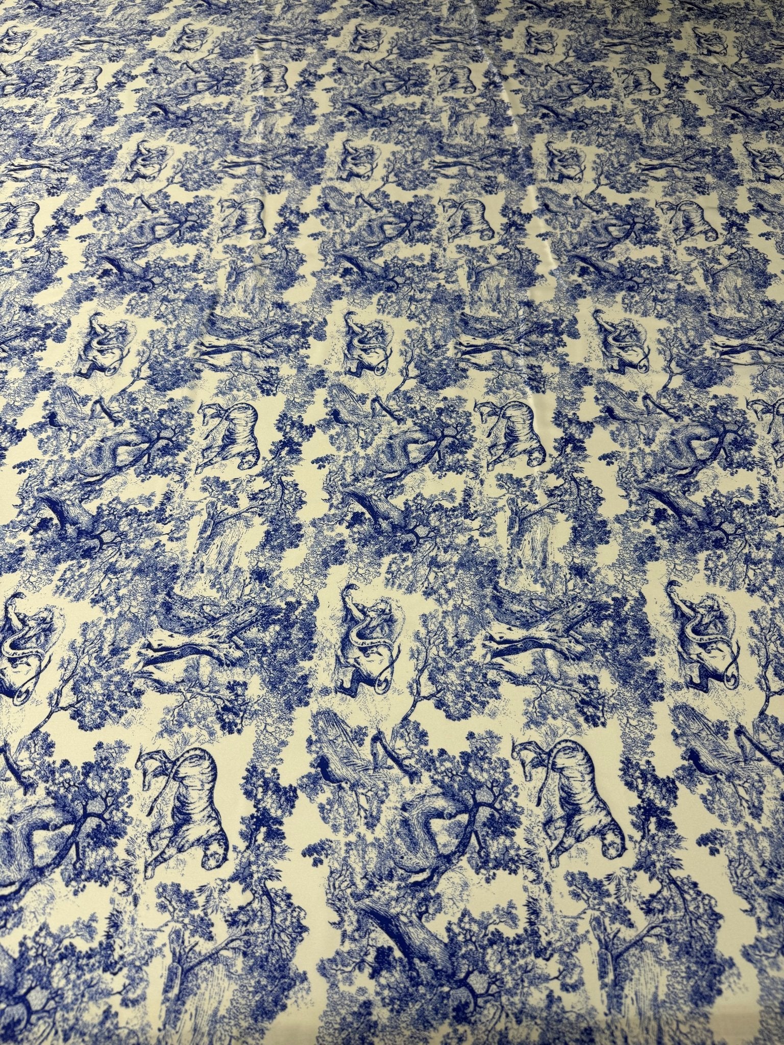 Blue Toile Print Satin Fabric by the Metre - Whotex Fabrics London